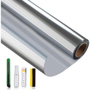 Reflective Window Film Privacy One Way, Mirror Film Daytime Privacy Heat Control UV Blocking Static Cling Window Tint Film for Home & Office, Silver, 17.3 Inch X 6.5 Feet