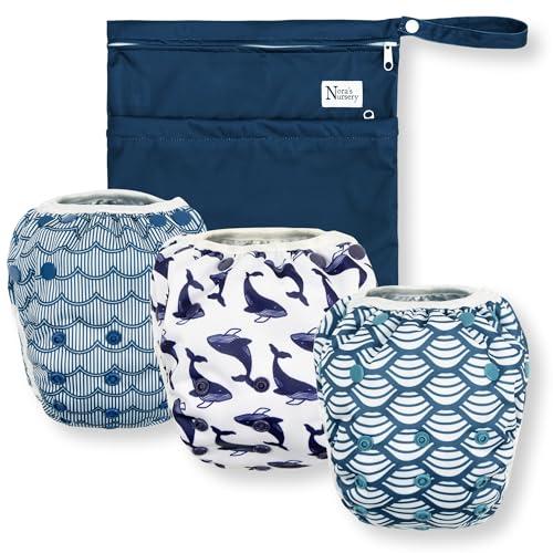 Nora's Nursery Reusable Swim Diapers and Wet Bag - One Size Fully Adjustable - Big Splash Unisex 3 Pack with Wet Bag