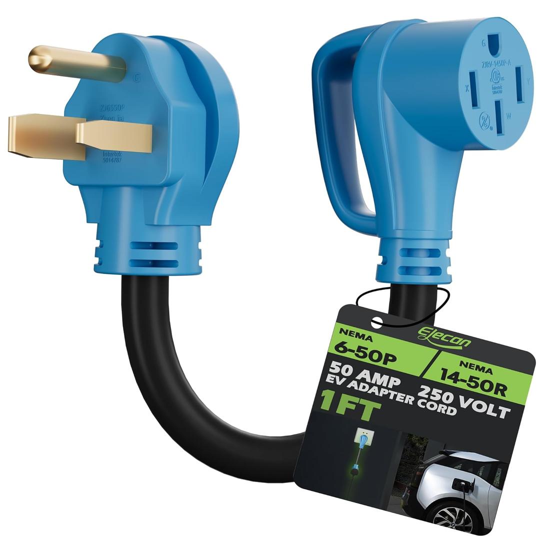 Elecan NEMA 6-50P to 14-50R EV Charger Adapter Cord, 50 Amp 3 Prong Welder Outlet Male Plug to 4 Prong Female EV Converter, 125V/250V 6 AWG Heavy Duty Waterproof Level 2 Charging Tesla-ETL-Blue-1 Ft