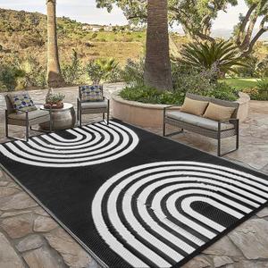 Anidaroel Outdoor Area Rug for Patio Clearance 6X9ft Waterproof, Reversible Plastic Straw Rug Outside Rug, UV Resistant RV Mat for Camping, Porch, Balcony, Pool Deck(Black&White, 6x9')
