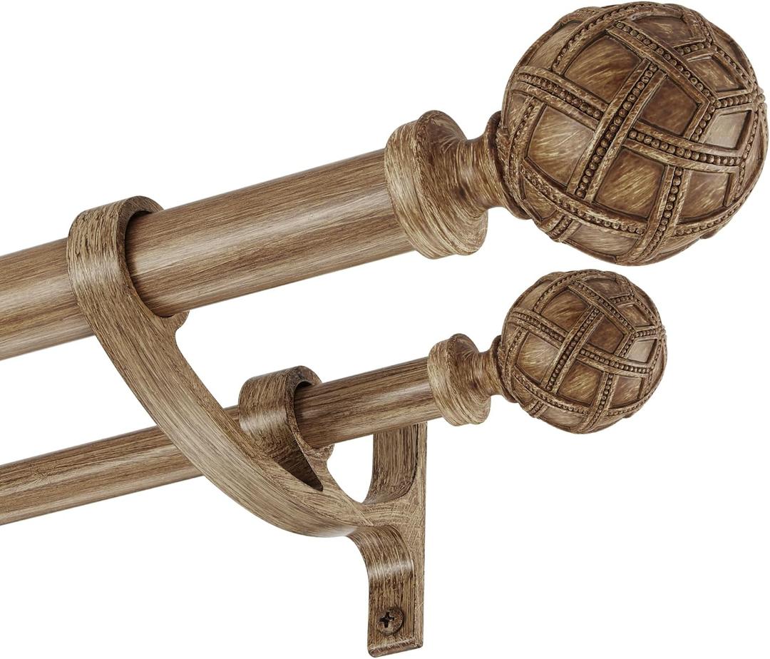 Double Curtain Rods 72 to 144 Inches(6-12feet) for Window, Adjustable Telescoping Drapery Rod with Aluminum Alloy Brackets, 1 Inch Diameter Front, 5/8 Inch Diameter Back Pipe, Brown Woodgrain