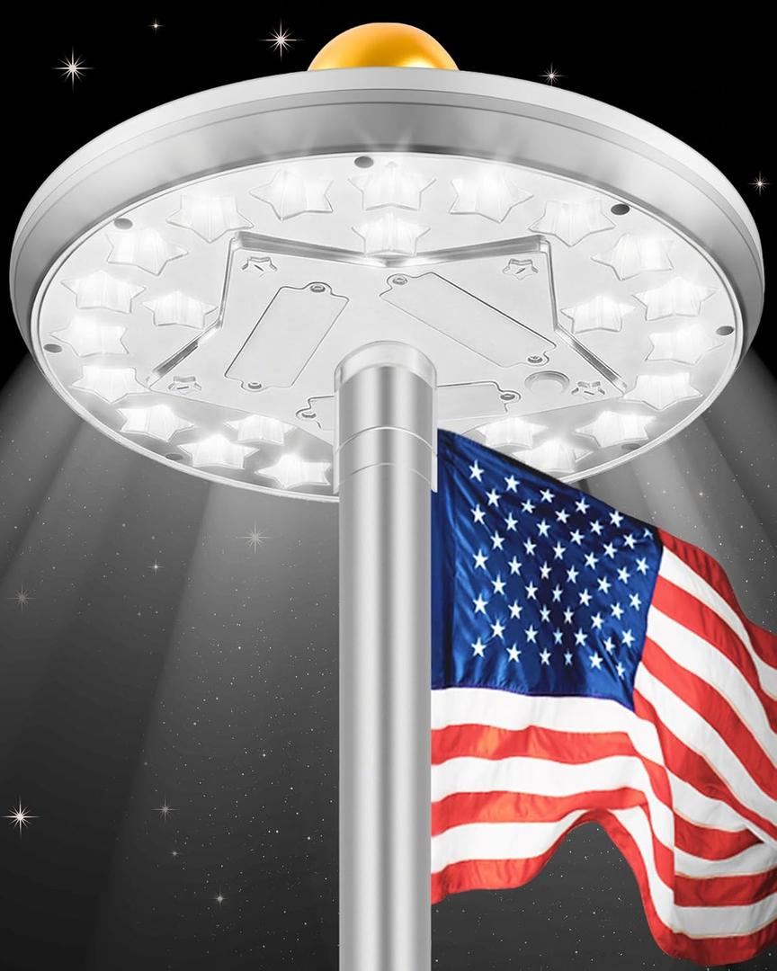 Flag Pole Light Solar Powered Top Mount, 25-Star Bright LEDs, Dusk-to-Dawn Flag Lighting, Flagpole Focused Light for 15-30 Ft Flagpoles, IP65 Waterproof Outdoors, Auto On/Off, Silver