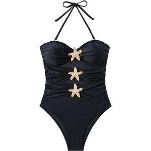 Floerns Women's Halter One Piece Swimsuit Starfish Cut Out Ruched Bathing Suits (Large, Black)