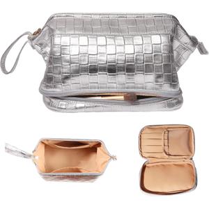 Abiudeng Large Capacity Makeup Bag Ladies Cosmetic Bag Travel Bag with Compartments Portable PU Leather Travel Makeup Bag with Handle (Checkerboard-Silver)