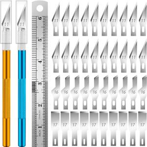 DIYSELF Exacto Knife, 2 Exacto Knives with 40 Spare Exacto Blades, Craft Knife, Hobby Knife, Precision Exacto Knife Set for Crafts, Arts, Modeling, Scrapbooking (#11#16#17), Wood Carving Tools (Gold-blue)