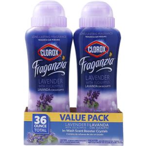 Clorox Fraganzia Laundry Scent Booster Crystals in Lavender with Eucalyptus Scent, Twin Pack, Scented In-Wash Freshener Beads for Fresh, Clean, Great Smelling Clothes and Linens, 18 Oz - 2 Pack