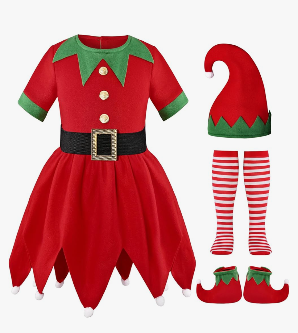 Elf Costume for Girls Kids Christmas Elf Santa's Dress Outfit, L