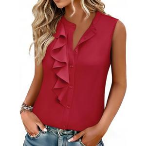 siliteelon Womens Sleeveless Button Down Shirts for Women Round Neck Sleeveless Button Up Tops 2026 Summer Formal Blouses (Red, L)