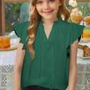 DOKOTOO KIDS Girls Tops Cute Summer Ruffle Short Sleeve T Shirts Casual V Neck Chiffon Blouses 6-15 Years (Green, M)