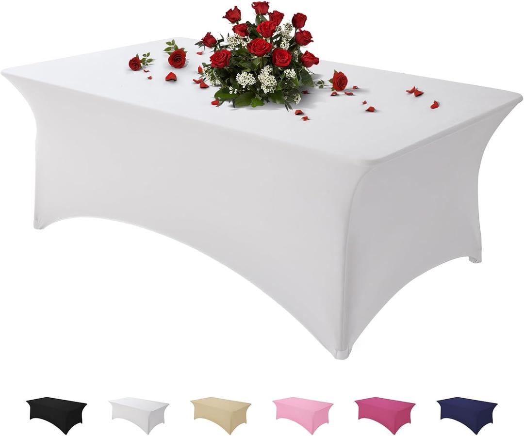 Famstar Table Cloth White 6FT Spandex Tablecloth for Rectangle Fitted Table Cloths Stretch Covers Washable Wrinkle Free Tablecloths for Festival Camping Picnic Wedding Party