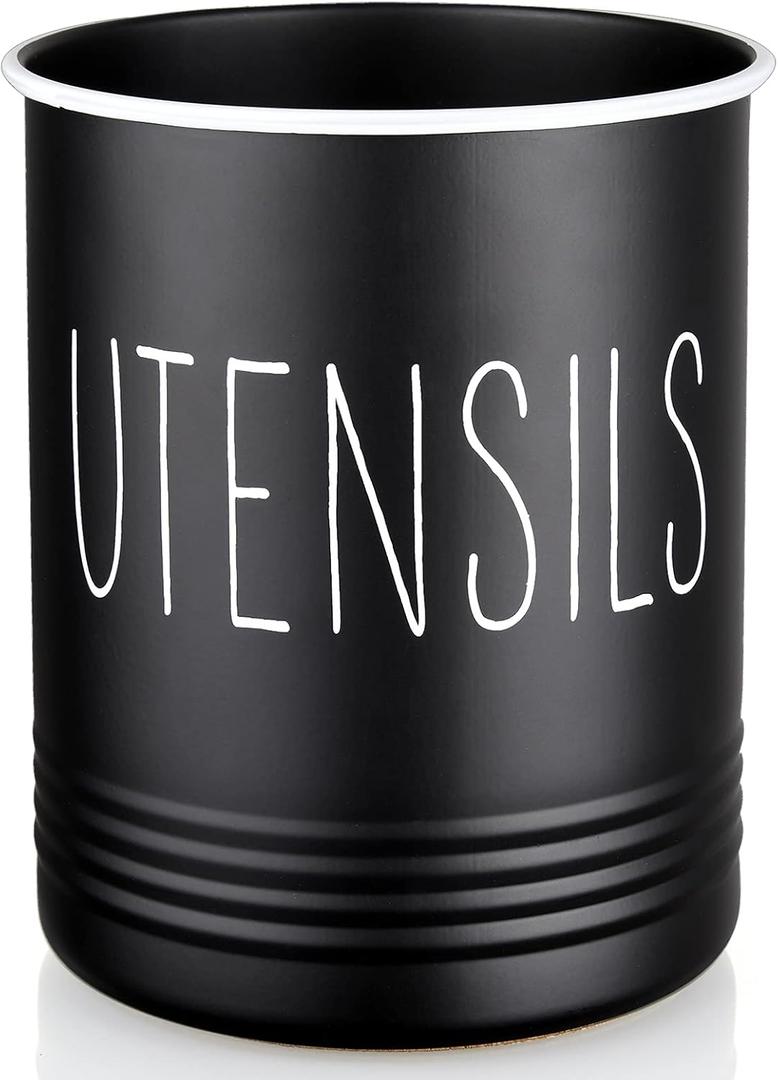Kitchen Utensil Holder, 6.7" Utensil Holder for Kitchen Counter, Cooking Utensil Crock with Cork Bottom, Modern Farmhouse Decor, Countertop Utensil Storage Organizer Caddy, Black
