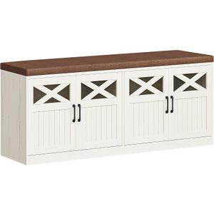 Hzuaneri 2 Tier Shoe Storage Bench with Doors, 47.2" Farmhouse Shoe Bench with Padded Cushion, 12 Pairs of Bed End Bench, Entryway Bench with Storage for Bedroom, Living Room, Rustic White SB61214KA