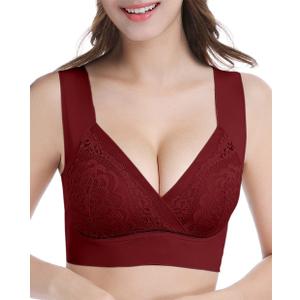 WOWENY Seamless Lace Mesh Bralettes Back Smoothing Bra Comfortable Wirefree Plus Size Everyday Bras for Women (Red, S)