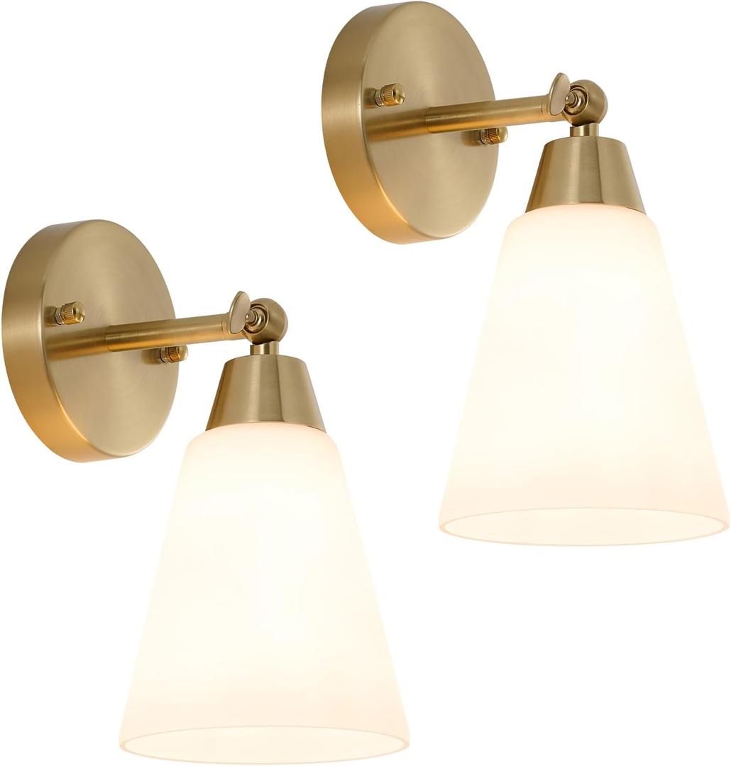 MWZ Gold Wall Sconce Decor 2 Pack,Modern Brushed Brass Sconces Lighting with White Glass Shade,Bathroom Light Fixtures Over Mirror,Vanity Lights Over Sink,Indoor Wall Mount Adjustable Angle Lamp