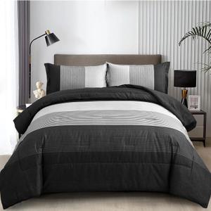 WONGS BEDDING Black Comforter Set Queen, Reversible Black Grey Stripe Down Alternative Comforter for All Season,3 Pieces(1 Patchwork Comforter+2 Pillowcases), Soft Microfiber Bedding Set 90"90"