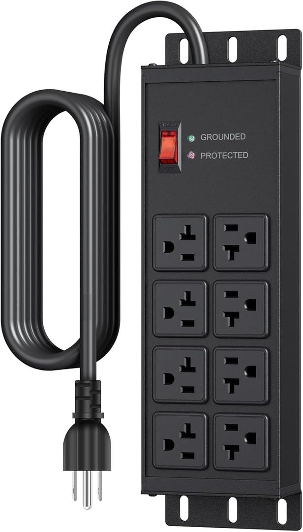 JUNNUJ Heavy Duty 20 Amp Surge Protector 4800J, Garage Metal 8 Outlets 12 Gauge, High Amp 5-15P Adapter Shop 6-20R T-Slot Industrial Outlet, 6 FT Extension Cord Commercial for Appliance (Black)