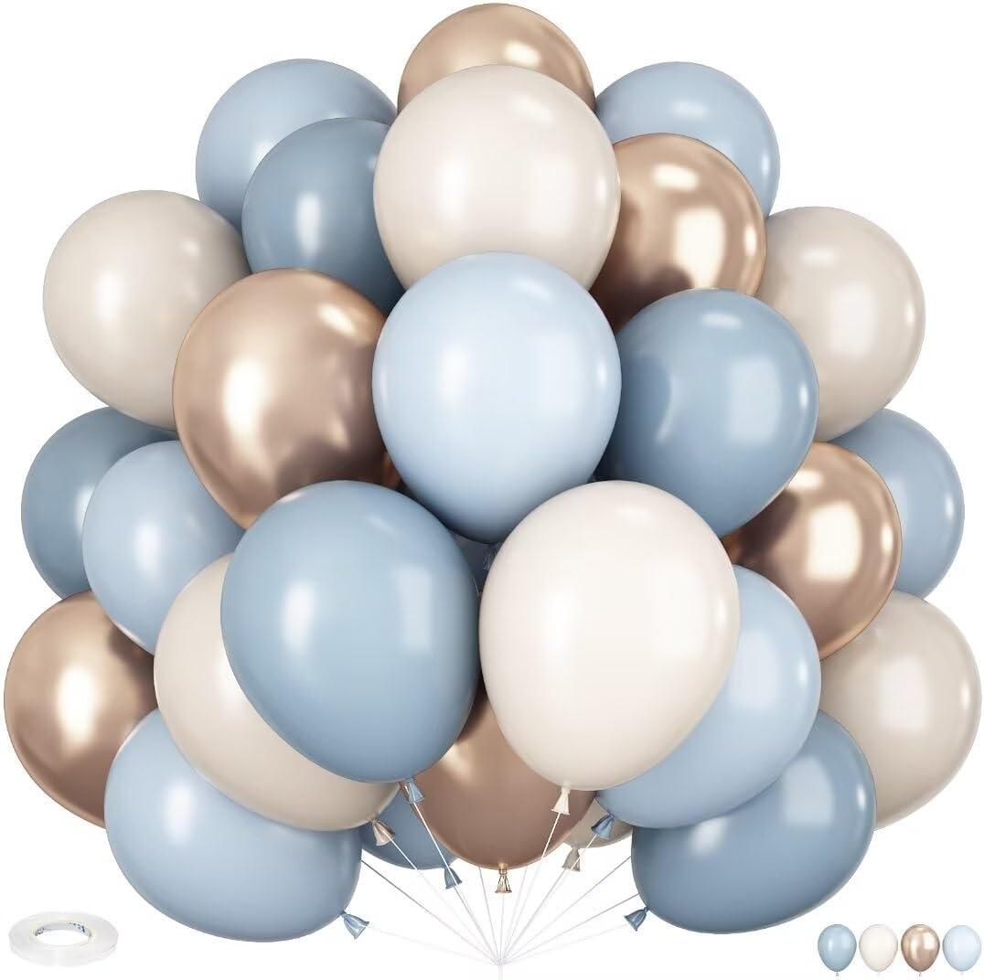 Dusty Blue and Gold Balloons, 44 PCS 12 Inch Slate Fog Pastel Baby Blue Sand White and Gold Balloons for Baby Boy Shower Bridal Shower Birthday Wedding Party Decorations