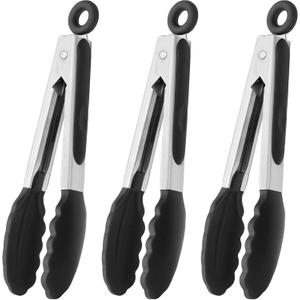 Mini Tongs with Silicone Tips 7-Inch Kitchen Tongs, Set of 3 (Black)