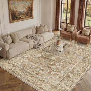 6x9 Area Rug for Living Room Washable 6x9 Rug Non-Slip Vintage Distressed Print Rug for Bedroom, Ultra-Thin Indoor Carpet for Home Decor Office Beige Brown