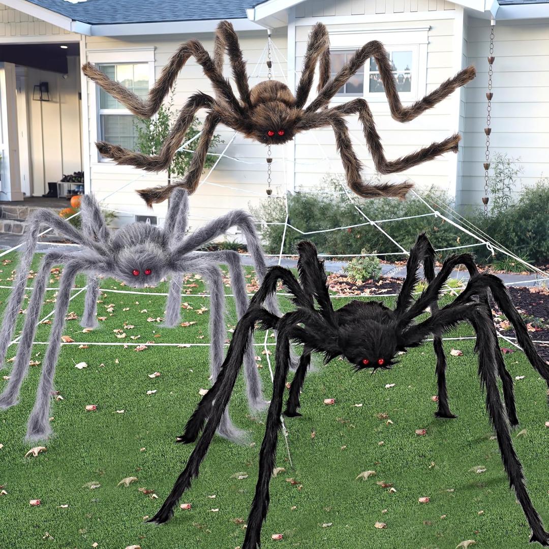 JOYIN 3 Pcs Halloween Spiders Outdoor Decoration, Halloween Decor Outside, Fake Hairy Giant Spiders for Yard Lawn Porch Decor Indoor Haunted House Scary Prop (59Black, 47 Brown, 35 Grey)
