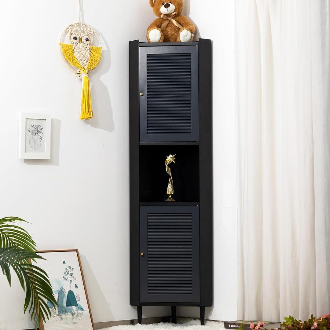 HollyHOME 68.5" Tall Corner Metal Storage Cabinet, Narrow Linen Tower Cabinet with Shelves and Shutter Door, Freestanding Floor Slim Organizer Cupboard for Living Room, Kitchen Pantry, Black&Grey