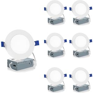 Meconard 6 Pack 4 Inch LED Recessed Ceiling Light with Junction Box, 2700K/3000K/3500K/4000K/5000K Selectable, 9W=75W 750LM, Dimmable Canless Downlights, ETL and Energy Star Listed