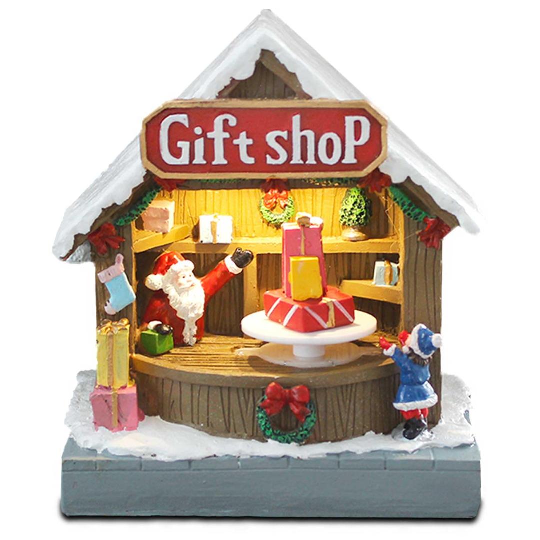 Animated Christmas Village Street Gift Shop with LED Light & Music, Resin Figurines Cute Santa Claus for Festive Decorations, Battery Operated