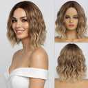 Short Wavy Blonde Bob Wigs for Women Water Wave Shoulder Length Ombre Blond Synthetic Wig Middle Part Natural Looking Heat Resistant Fiber Hair for Daily Party Use 14 inch