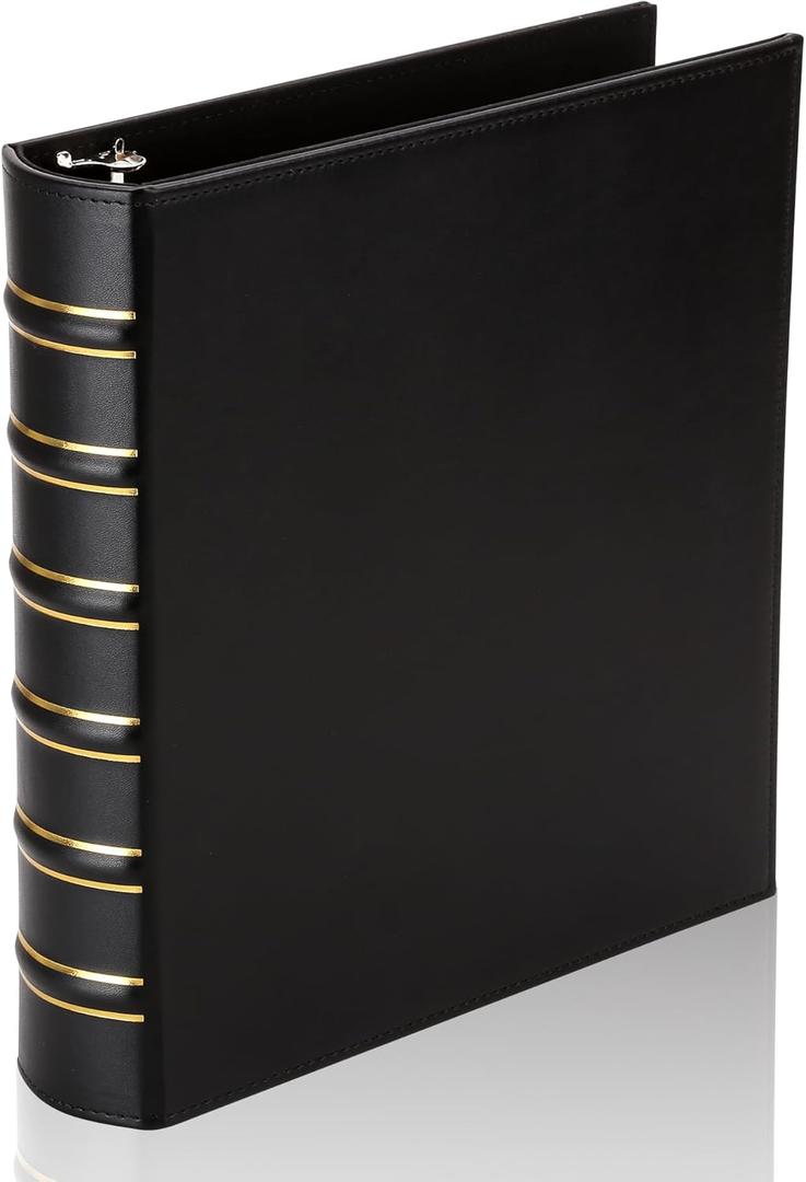 Vintage Hardback 3 Ring Binder 1.5 Inch, Professional Leather Binder 3 Ring, Three Ring Binders Fits 8.5 x 11, D Ring Binders for Photo Album, Home, School and Office Supplies- Black