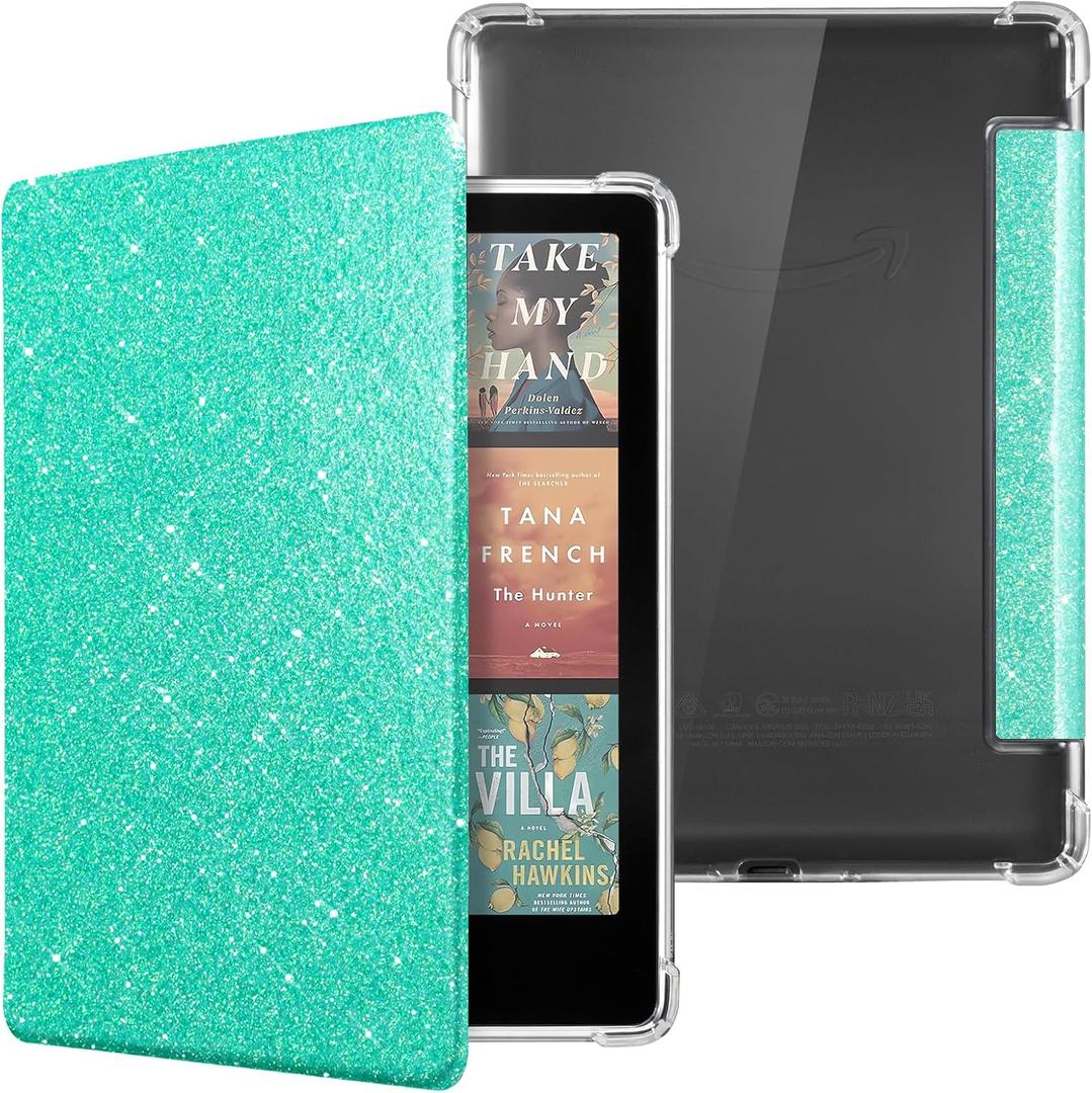 CoBak Case for 7" Ereader 2024 - New PU Leather Cover and Clear Soft Silicone Back Cover with Auto Sleep Wake Feature (Sage Glitter)