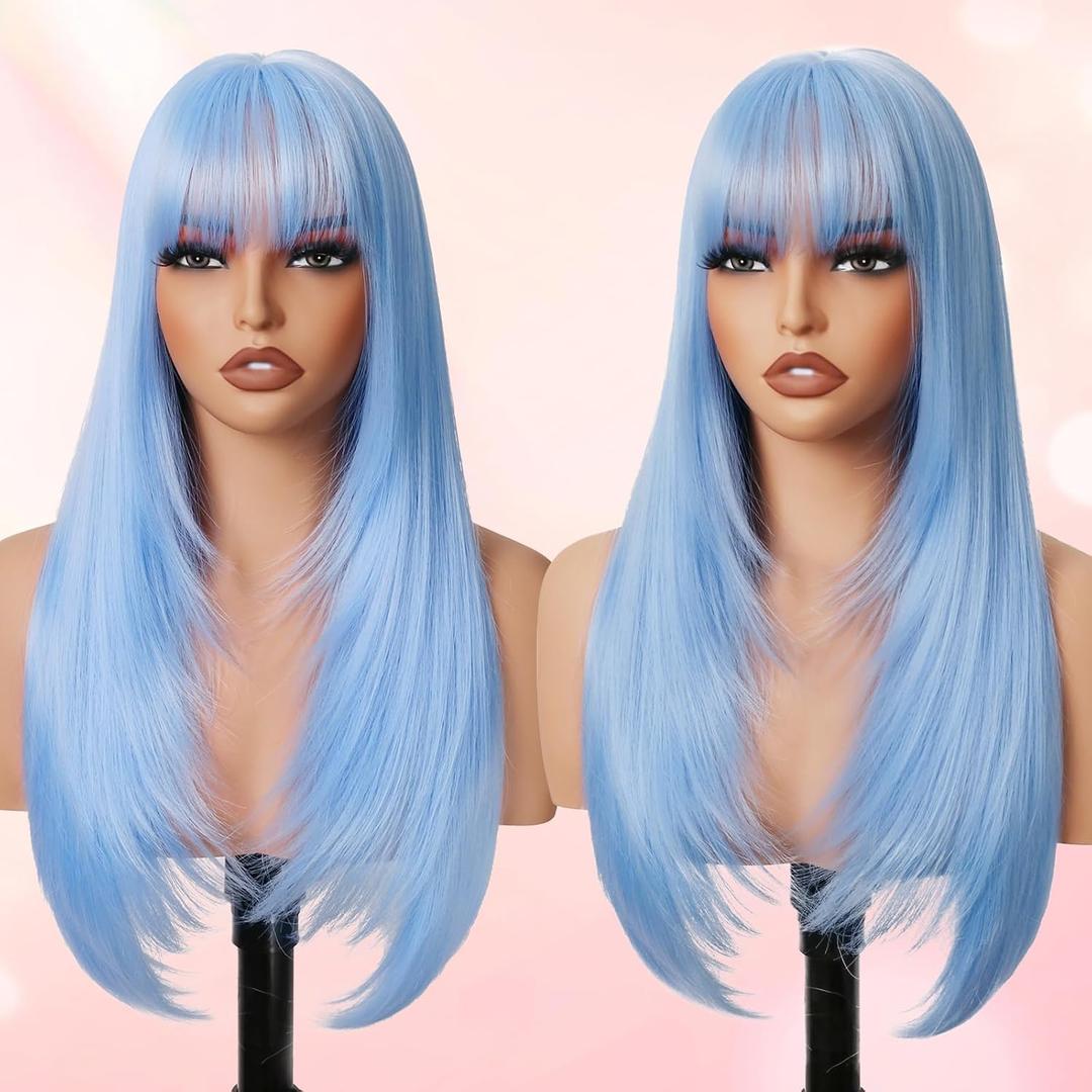 Light Blue Long Straight Layered Wig with Bangs for Women 26 inch Put on Go Realistic Synthetic Heat Resistant Natural Wig for Girls Party Cosplay and Daily Use