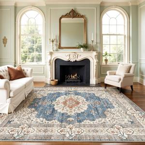 Washable 9x12 Area Rug - Large Rug for Living Room Stain Resistant Low Pile Carpet Vintage Oriental Rug for Bedroom with Non Slip Backing Home Decor Floor Decor Mat (9x12 Blue/Beige) Washable 9x12 Area Rug - Large Rug for Living Room Stain Resistant Low Pile Carpet Vintage Oriental Rug for Bedroom with Non Slip Backing Home Decor Floor Decor Mat (9x12 Blue/Beige)
