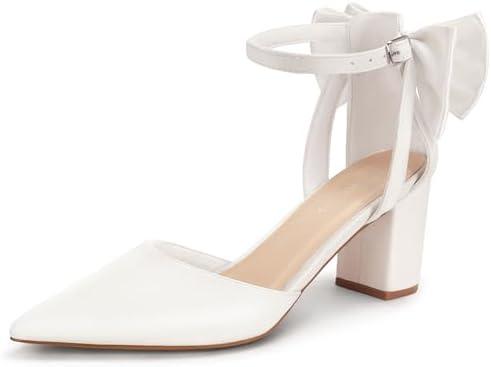LOOPCHARM Womens Closed Pointed Toe Heels with Bow Low Chunky Block Heel Ankle Strap D'Orsay Pumps Bridal Wedding Dress Shoes, Size 9