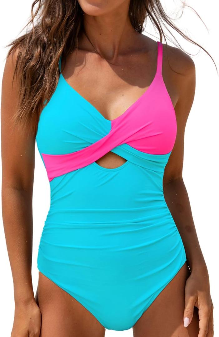 popvil One Piece Swimsuit Women 2025 Tummy Control High Waisted Bathing Suit V Neck Swimwear Cut Out Tie Back Swim Suits (Small, Neon Green)