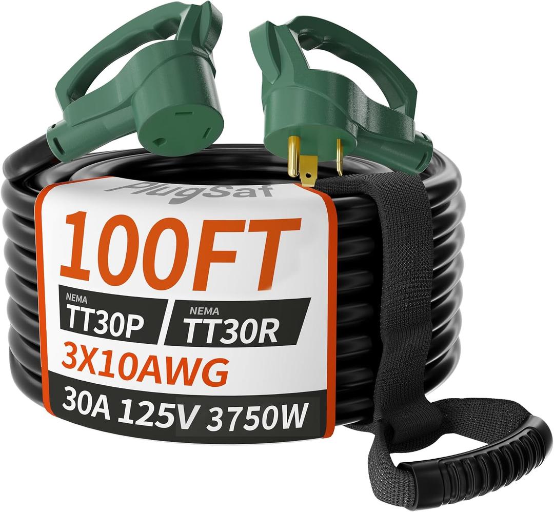 PlugSaf 100 FT 30 Amp RV Extension Cord Outdoor with Grip Handle, Flexible Heavy Duty 10/3 Gauge STW RV Power Cord Waterproof with Cable Organizer, NEMA TT-30P to TT-30R, Black-Green, ETL Listed