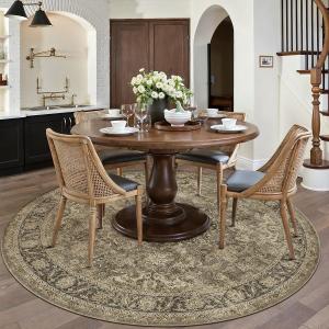 6x6 Washable Round Rug Brown Vintage Non Slip Soft Low Pile Circle Rug for Living Room Bedroom Distressed Oriental Indoor Carpet for Dining Room Office Entryway Home Decor
