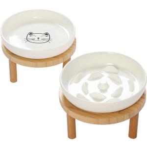Raised Slow Feeder Cat Bowl, 5.9 Inch Wide Shallow Ceramic Elevated Glass Food Bowl Puzzle Feeders, Anti Vomit Cat Dish, Whisker Friendly Pet Plates Feeding Station for Indoor Cats, Kitten(2 Set) (White)