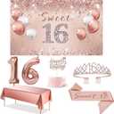 Trgowaul Sweet 16th Birthday Decorations Party Set for Girls, Rose Gold 16 Birthday Banner and Tablecloth, Sweet 16 Sash and Tiara, 1PC Happy 16th Birthday Cake Topper, Pink Gold 16 Number Balloons
