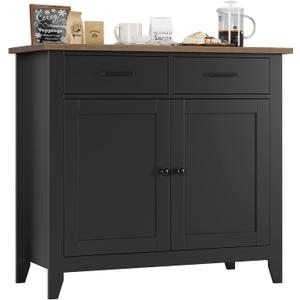 HORSTORS Kitchen Storage Cabinet, Modern Farmhouse Buffet Cabinet with Storage, Coffee Bar with 2 Drawers and 2 Doors, Floor Sideboard Buffet for Living Room, Dining Room, Bathroom, Black/Rustic Brown