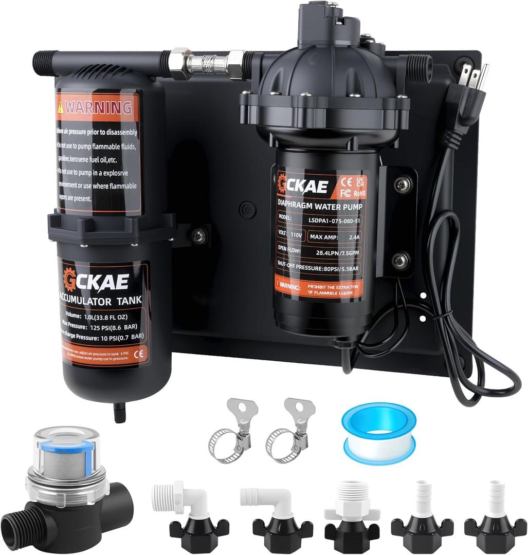 RV Water Pump 110V DC 7.5GPM 80PSI and 1L 125PSI Pre-Pressurized Accumulator Tank, Ultra-Quiet Water Pressure System for Homes, RVs, Irrigation & Marine Use