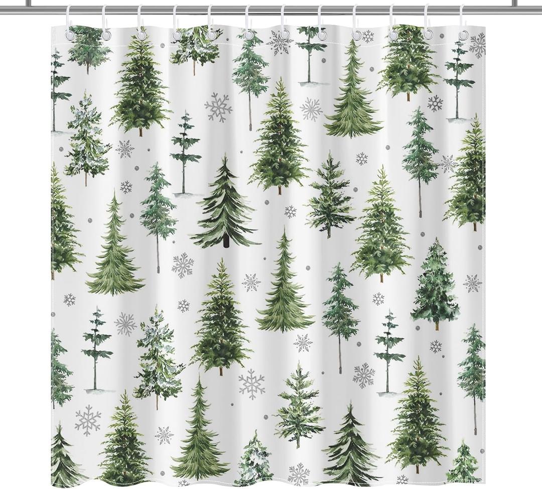 Lindameler Christmas Pine Tree Shower Curtain Greenery Christmas Tree Bathroom Curtain Winter Forest Snowflake Holiday Farmhouse Bathroom Decor for Bathtub Curtain with Hooks (Green, 72x72 inch)