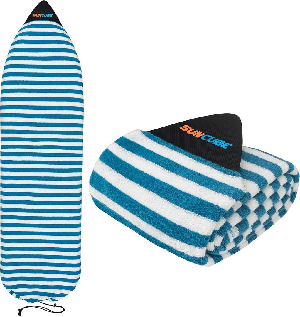 SUN CUBE Surfboard Sock Cover, Protective Surf Bag for Surfing Board, Light Stretchy Surfbag Sock Sleeve for Longboard, Hybrid, Shortboard (7'0'', Blue White)