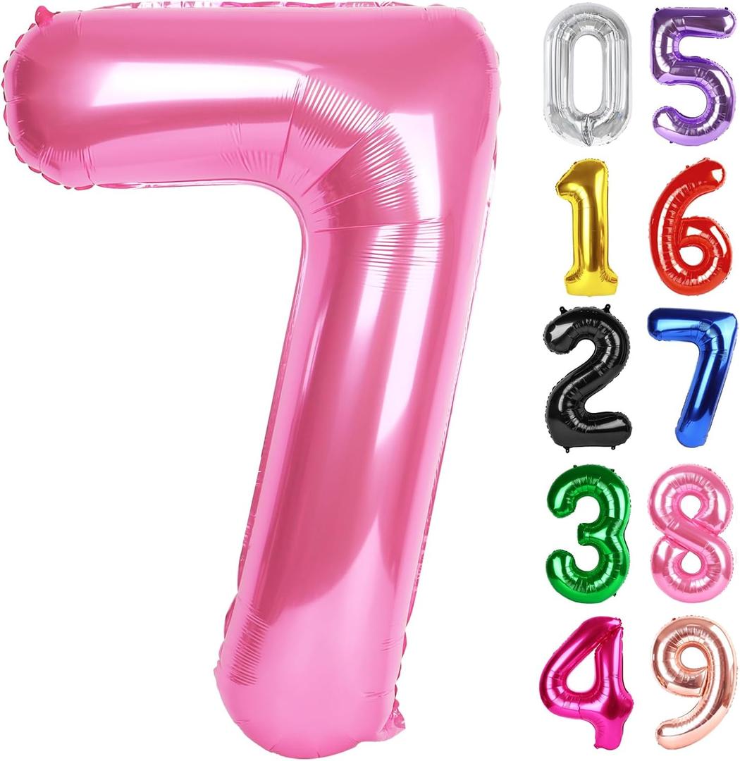 Pink Number 7 Balloon 40 Inch, 7th Birthday Party Decorations for Children, Giant 7 Foil Balloon for Party Supplies