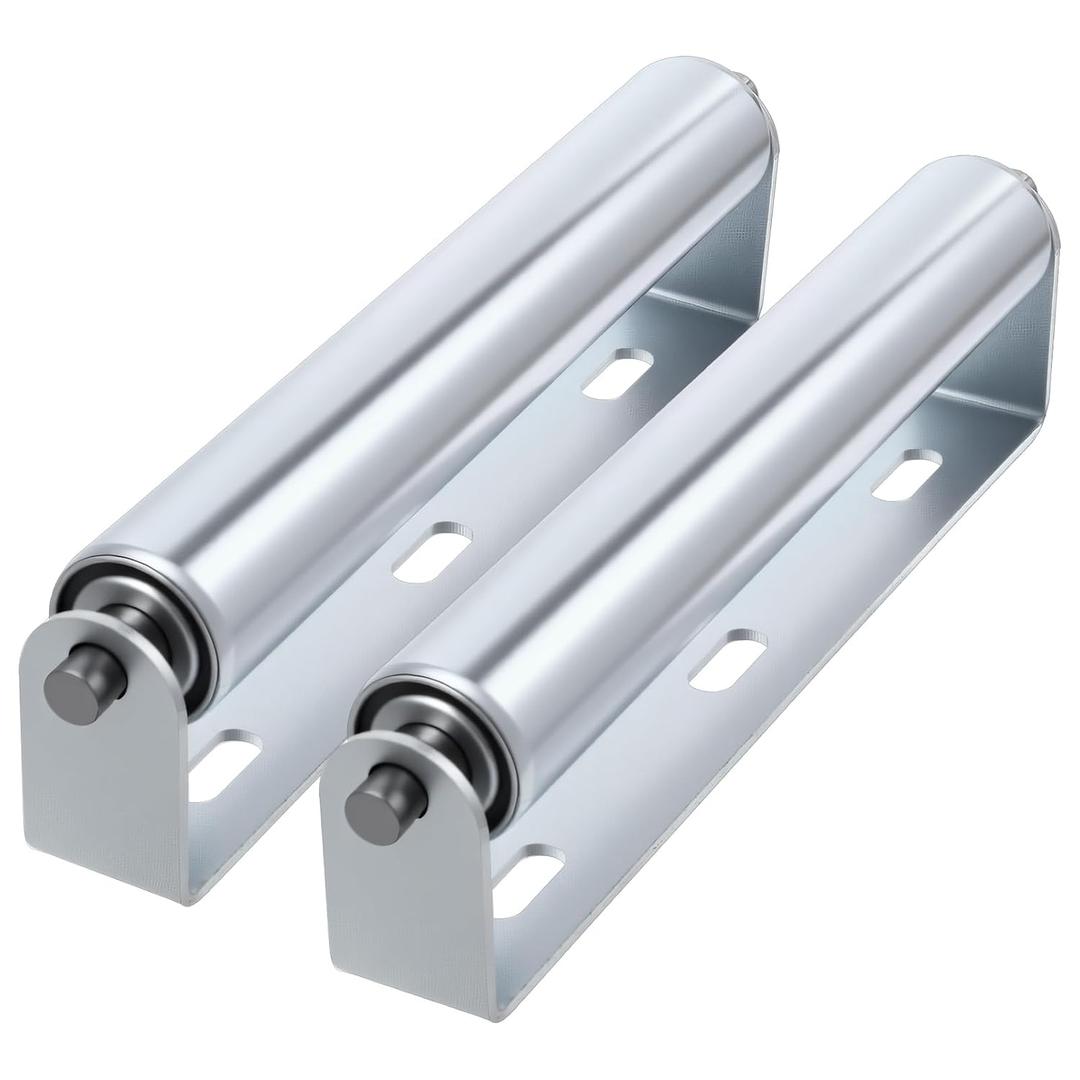 2 Pack 10 Inch Long Roller and Bracket Set, 1.5 Inch Diameter Galvanized Steel Conveyor Rollers, Support Rollers for Woodworking, Boat, Kayak, Bike, and Fence Applications