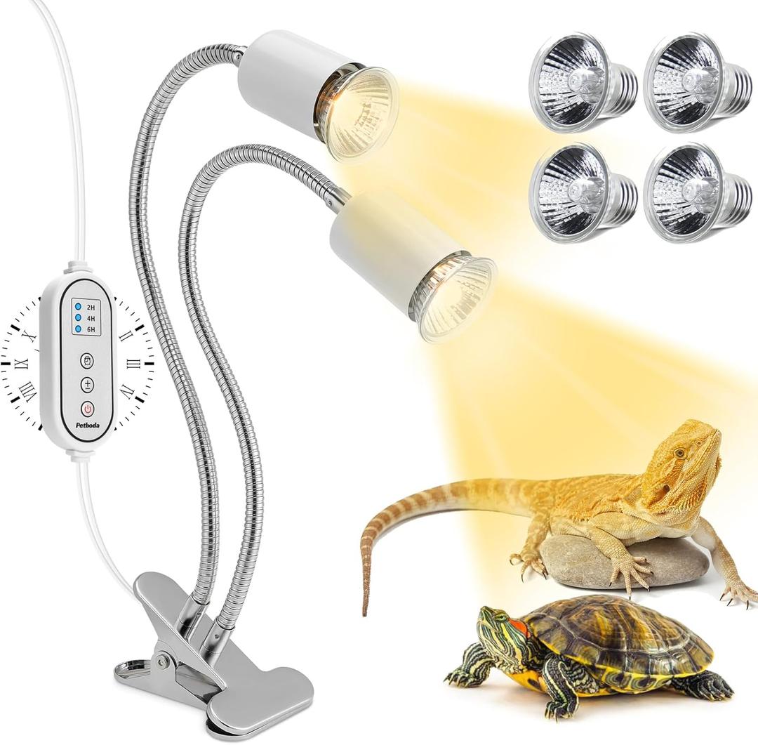 Reptile Heat Lamp, Dual Head Reptile Light with Cycle Timer, Dimmable UVA/UVB Basking Light for Turtle Tortoise Lizard Snake Bearded Dragon and More, 4 Bulbs (2PCS 25W + 2PCS 50W) Included
