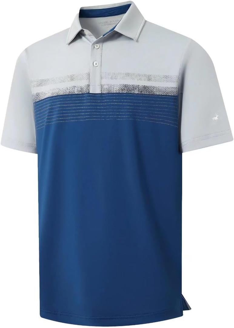 Rouen Polo Shirts for Men Quick Dry Regular Fit Casual Color Block Chest Print Active Short Sleeve Collared Mens Golf Shirt (XXXL)