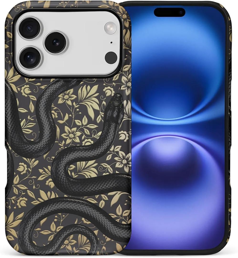 Case for iPhone 17 Pro,Drop Protection Hybrid 2-Layer Hard Phone Cover-Black Double Snake Design