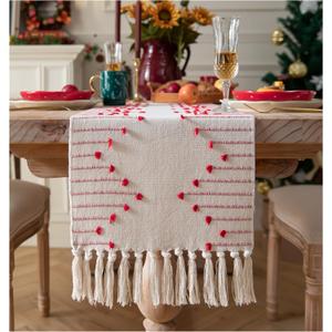 Christmas Table Runner 13 x 108 Inch Long Natural Cotton Woven Runner with Tassels for Home Dining Christmas Decorations, for Modern Farmhouse Holiday Boho Table Runner, Red and Beige