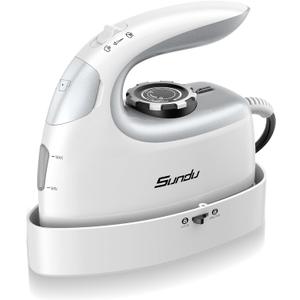 Sundu Mini Travel Steam Iron, 1000W Portable Small Iron with Non-Stick Plate, 300 Steam Holes, 90ml Tank, Safety Base & Digital Temp Control for Quilting Sewing-Silver