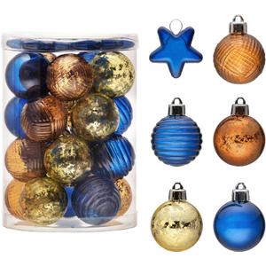 2 x DecorbyHannah Mini Christmas Tree Ornaments, 25ct 1.57inches Blue Gold Christmas Ball Ornaments for Tree Decorations, Small Clear Shatterproof Plastic Hanging Balls Bulk for Xmas, Party, Wedding